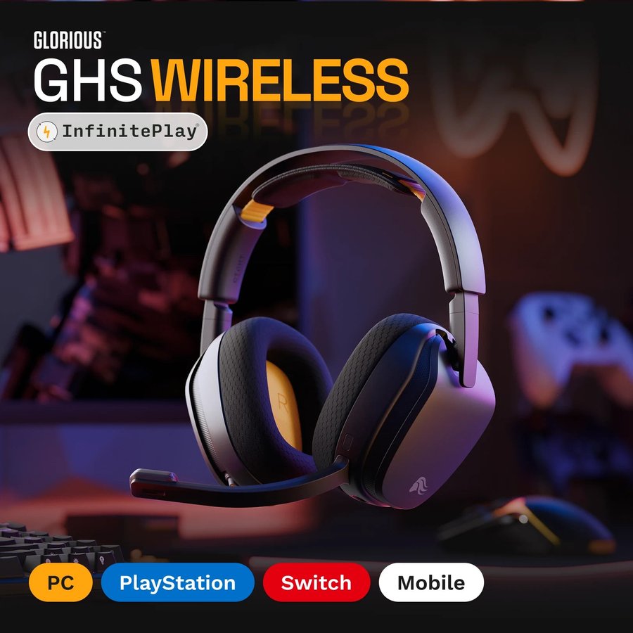 Glorious GHS Wireless InfinitePlay in een gaming setup, geschikt voor pc, PlayStation, Switch en mobiel